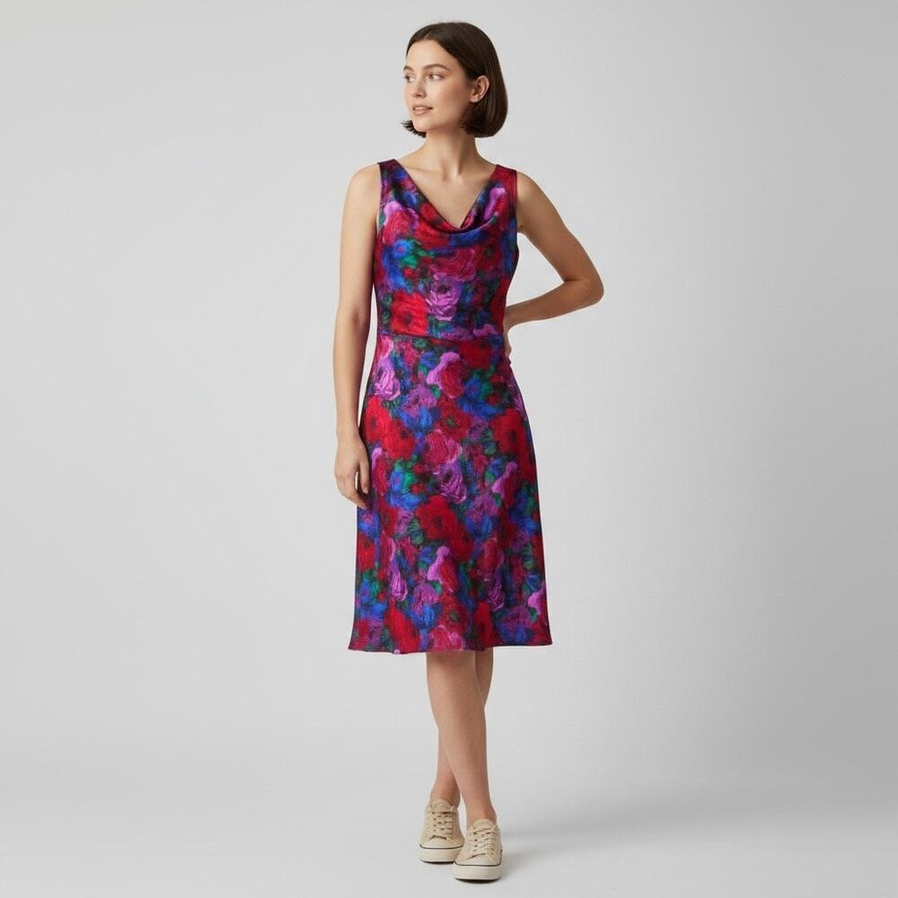 NWT Talbots Dress Satin Cowl Neck Fit and Flare Midi Cocktail Floral Size 10